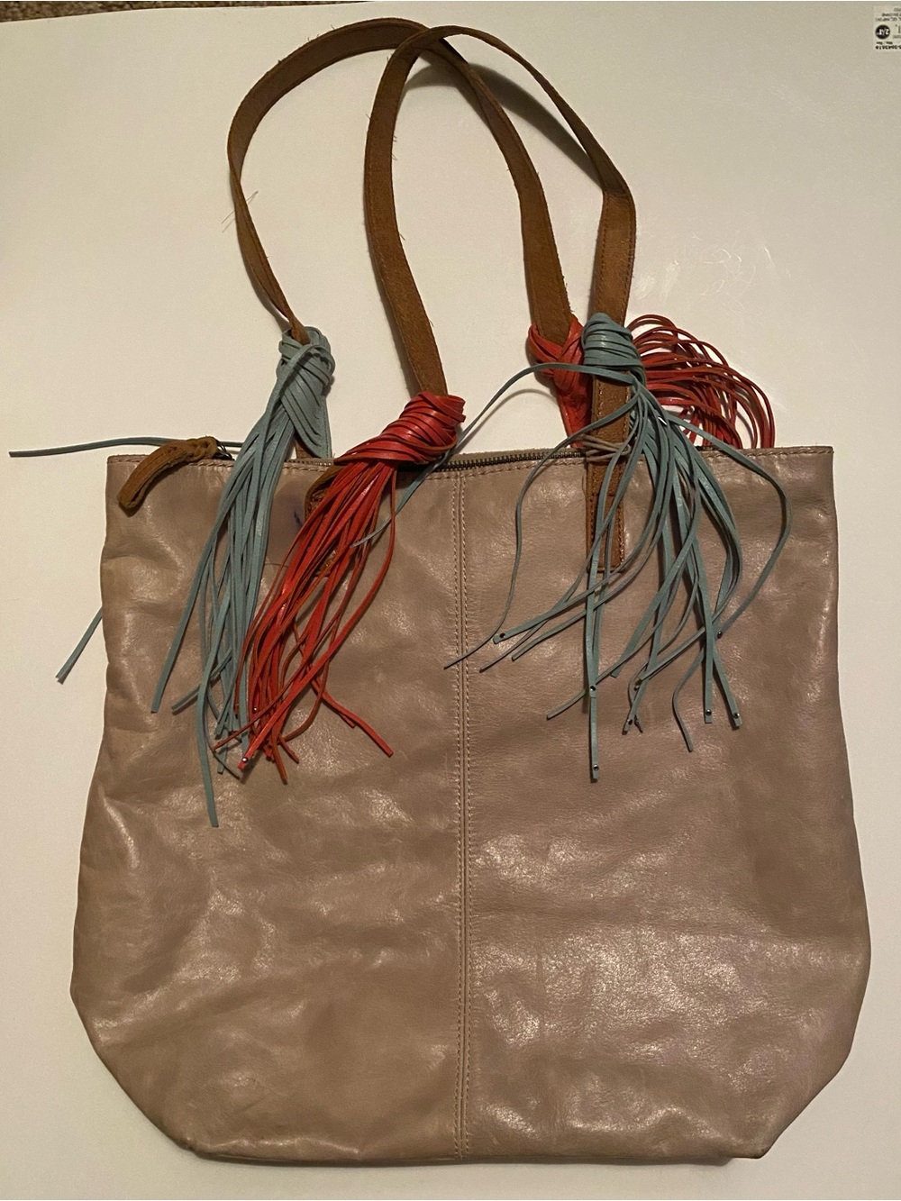 The Sak Leather Fringe Tote Bag - Taupe with Red & Light Blue Accents